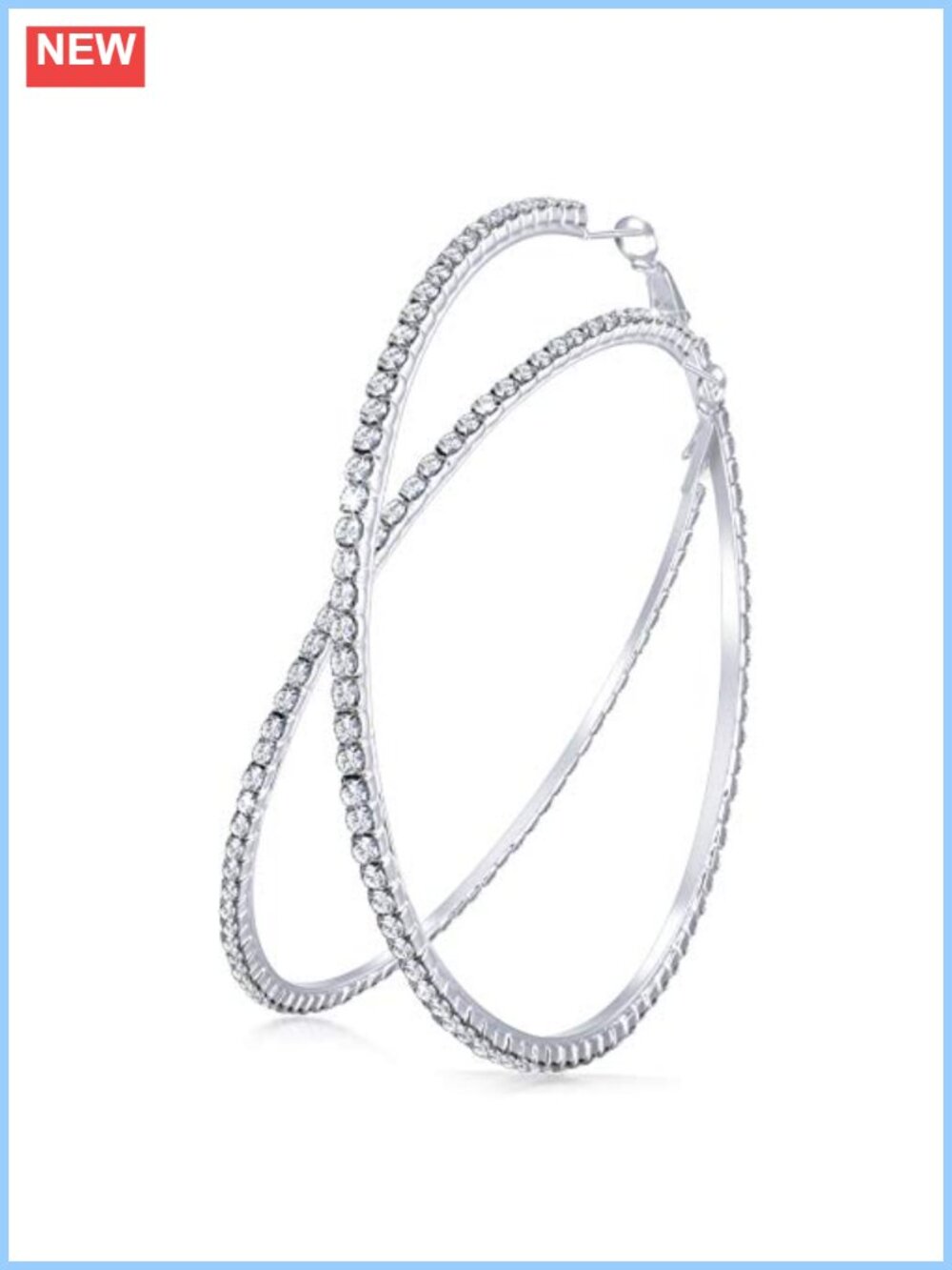 80mm Rhinestone Hoop Earrings Large Crystal Hoops Silver Plated Hinged